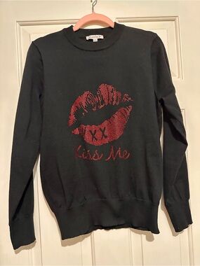 Nanette Lepore Black Crewneck Sweater with Red Lip Rhinestone Graphic